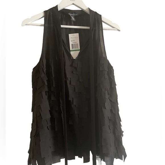 NWT Kenneth Cole Women’s Black Fabric Fringe Tie Neck Classy Blouse Size Large - Picture 1 of 4